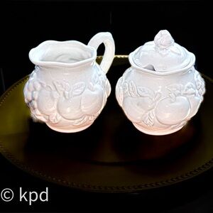 Mid Century White Porcelain Cream Sugar Set Embossed Harvest Grapes